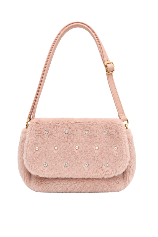 Plüsch-Schultertasche mit Schmucksteinen rosa