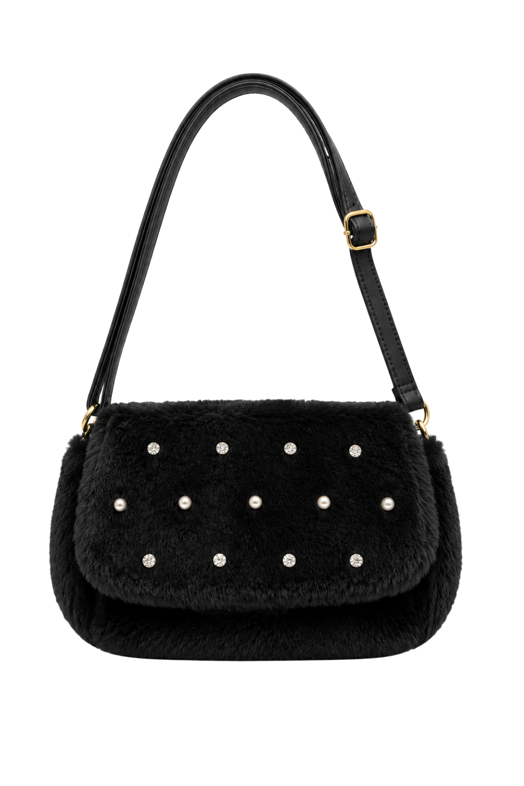 Plüsch-Schultertasche mit Schmucksteinen schwarz