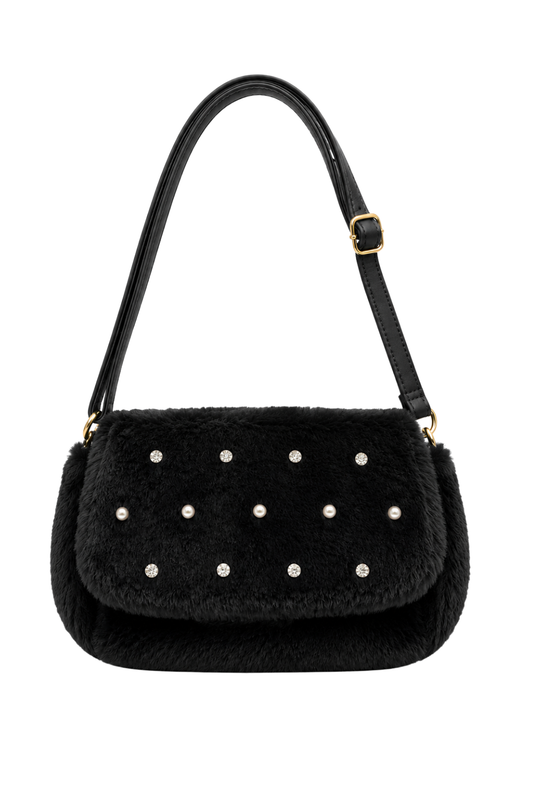 Plüsch-Schultertasche mit Schmucksteinen schwarz