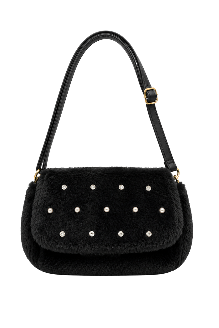 Plüsch-Schultertasche mit Schmucksteinen schwarz