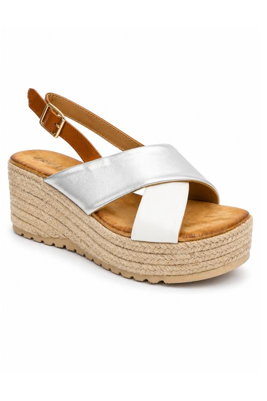 Keilsandalette mit Riemchen silber/weiß, Gr. 36-41
