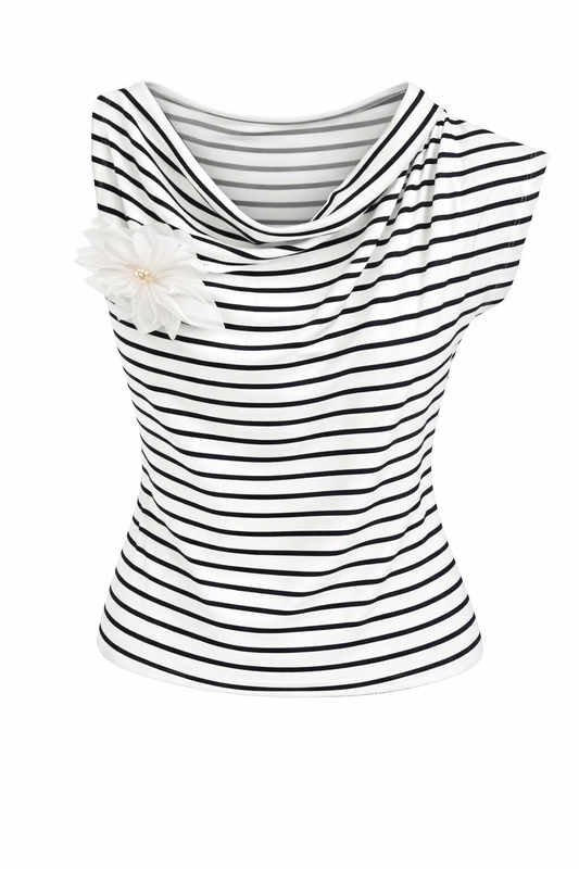 Blumen-Streifen-Shirt mit 3D-Blüte weiß/schwarz, Gr. 34-38