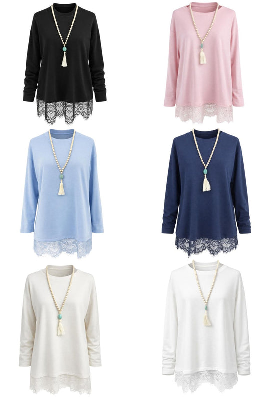 Shirt mit Spitze + Kette (versch. Farben), Gr. 36-42