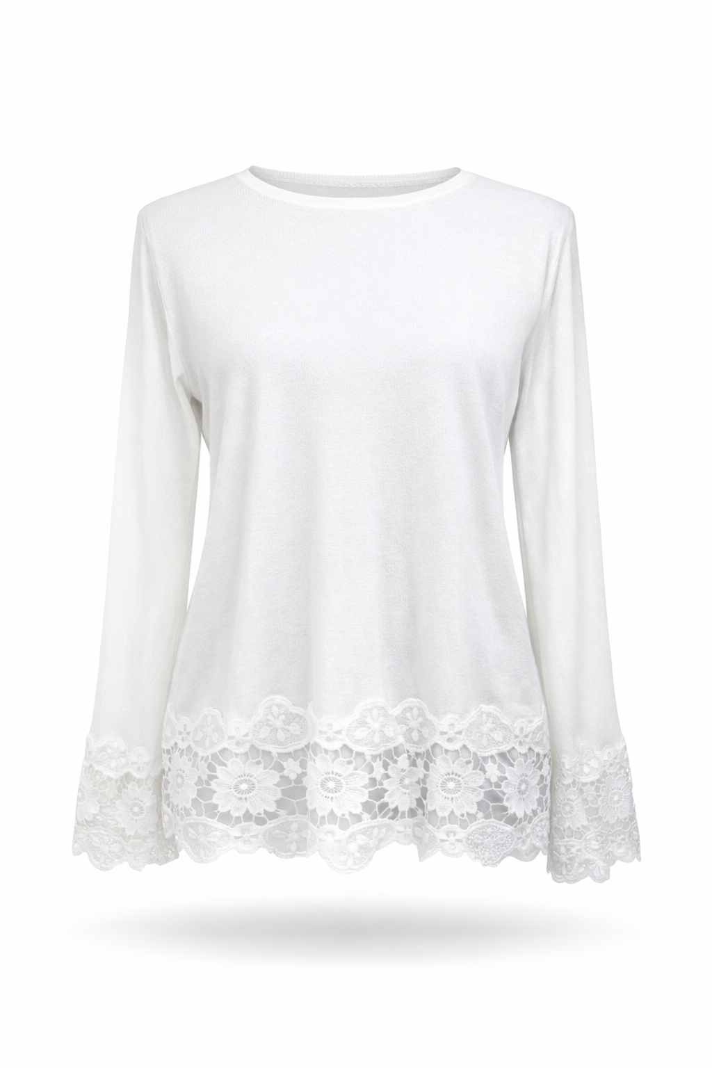 Damen langarm Shirt mit ausgestellten Ärmeln & Spitze weiß , Größe 36-40