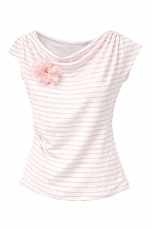 Blumen-Streifen-Shirt mit 3D-Blüte weiß/rosa, Gr. 34-38