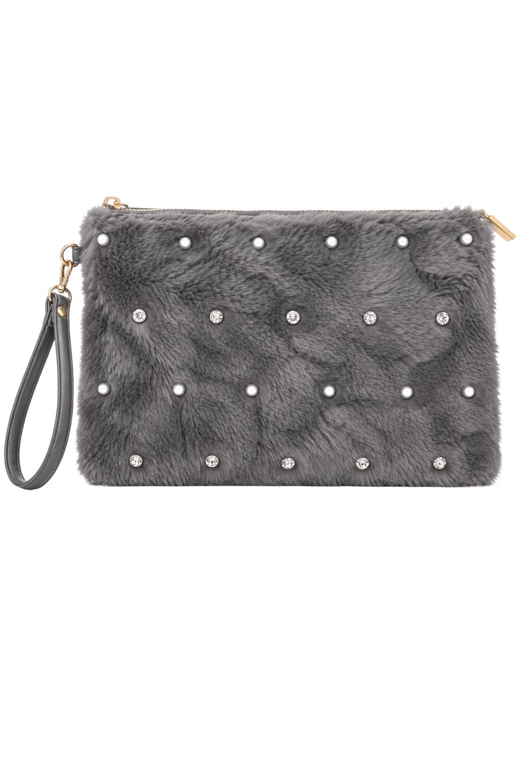 Flauschige Clutch mit Strassdetails grau