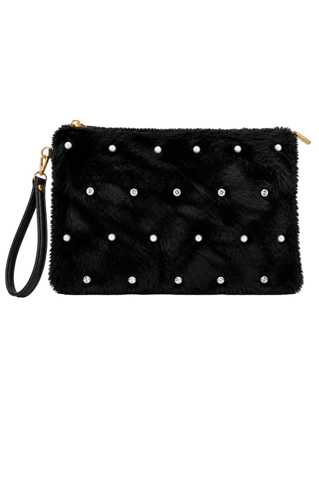Flauschige Clutch mit Strassdetails schwarz