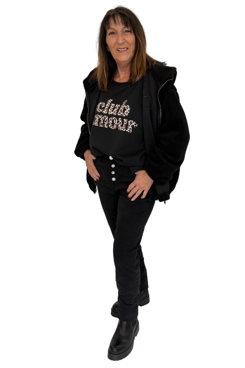 Teddy Fleece Jacke mit Kapuze schwarz, Gr. 34-42