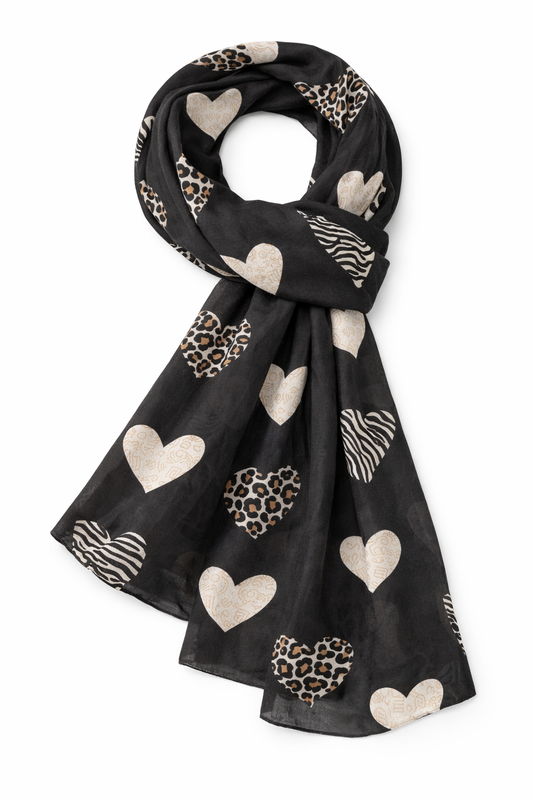 Herz- + Animal-Print Schal schwarz