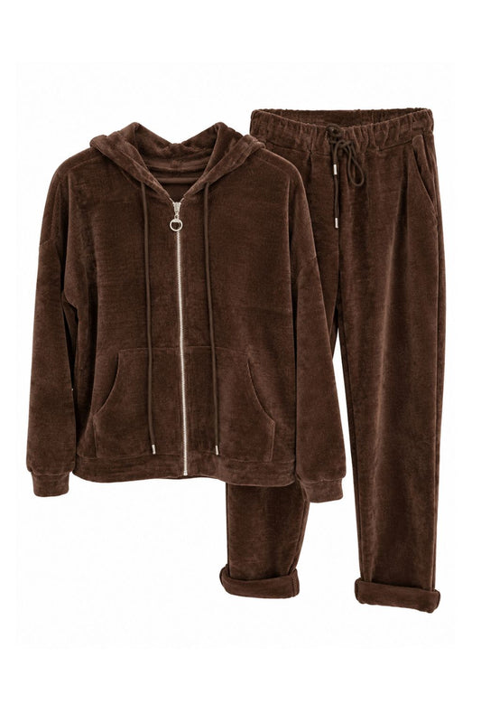 Kuschelweiches Wohlfühl-Set mit Kapuzenjacke & Hose schokobraun, Gr.  36-42