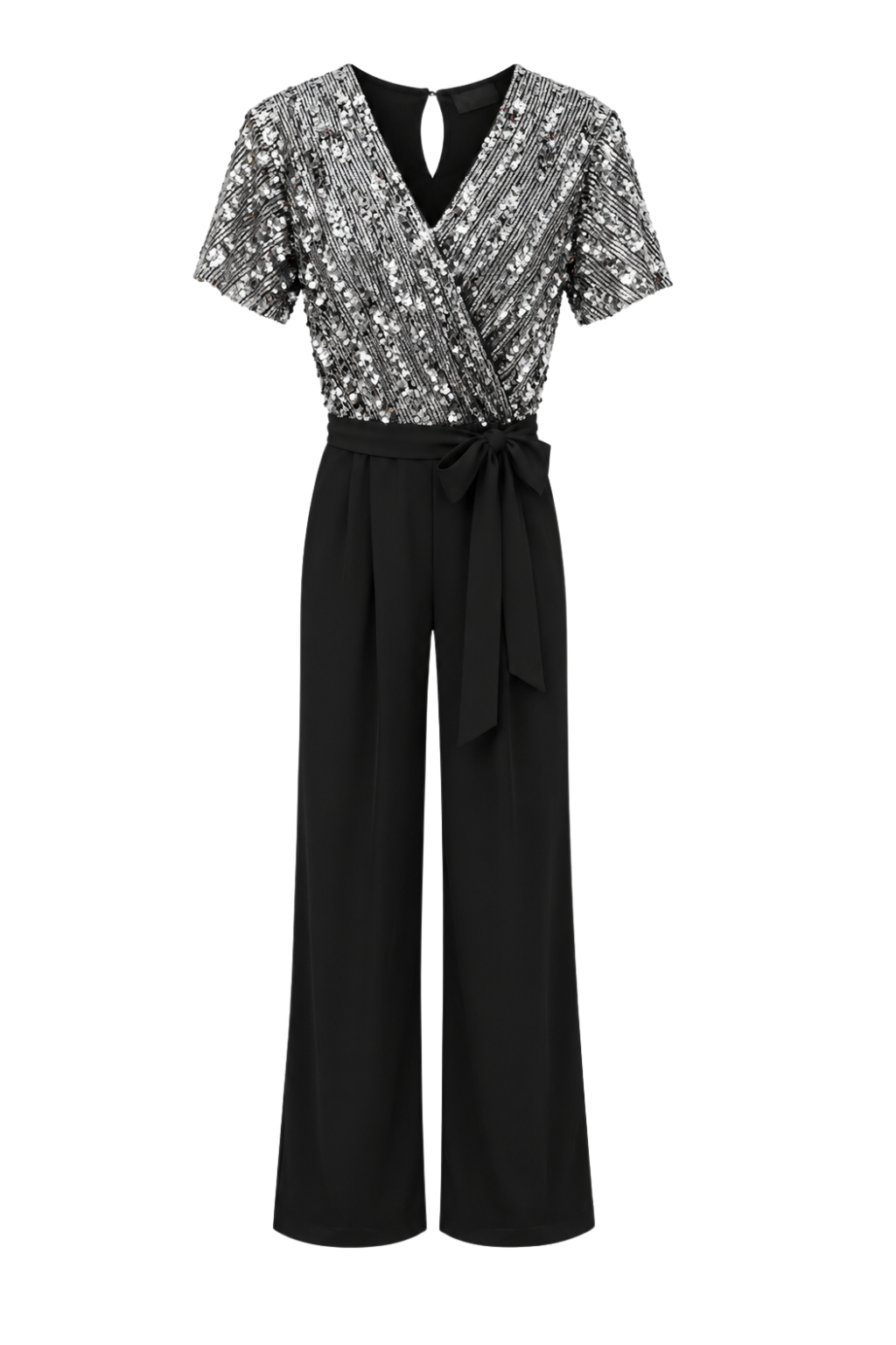 Eleganter Jumpsuit mit silbernen Pailletten und Bindegürtel, Gr. 36-48