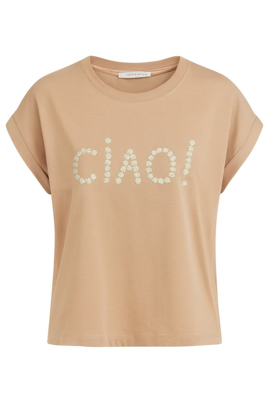 T-Shirt „Ciao“ mit Blumen-Stickerei taupe, Gr. 34-40