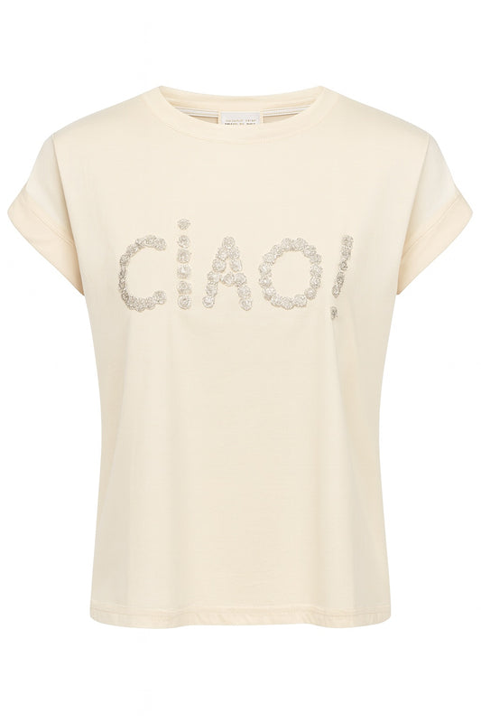 T-Shirt „Ciao“ mit Blumen-Stickerei beige, Gr. 34-40