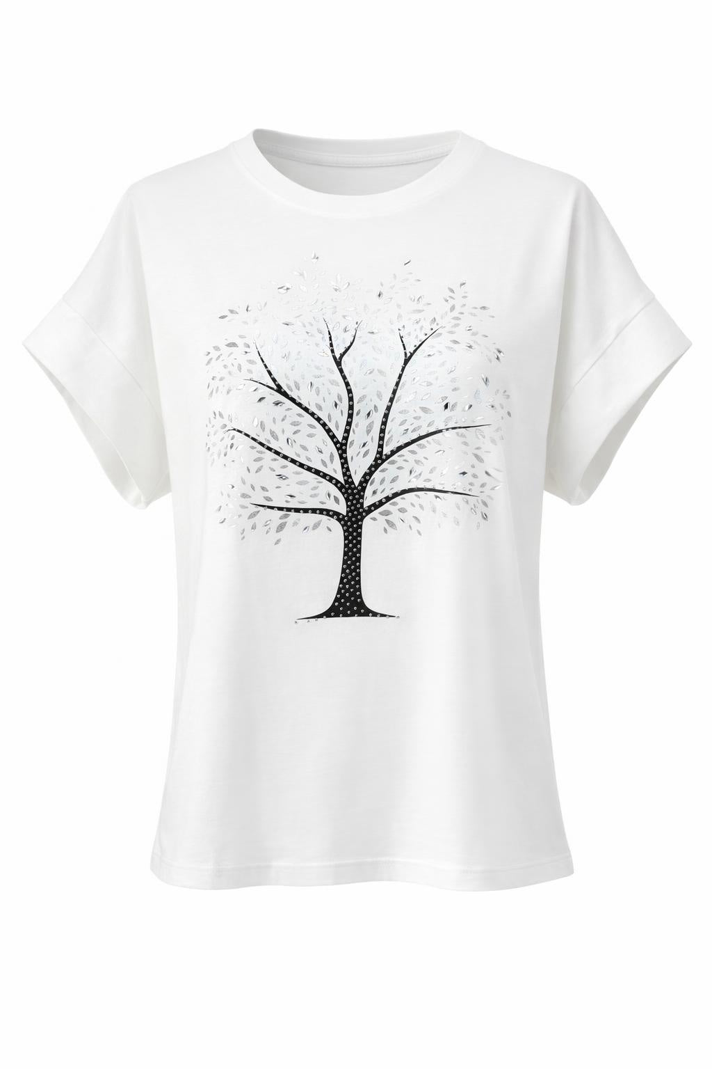 T-Shirt mit Baum-Motiv & Glitzersteinen weiß, Gr. 36-42