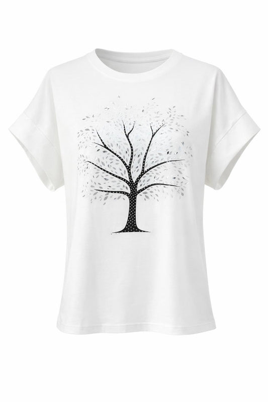T-Shirt mit Baum-Motiv & Glitzersteinen weiß, Gr. 36-42