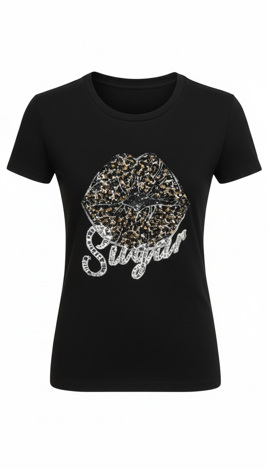 T-Shirt mit Strass Lippen Print Gr. 36-40 schwarz