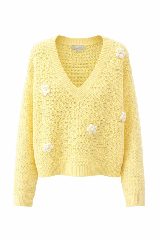 Strickpullover mit Blumen buttergelb, Gr. 36-40