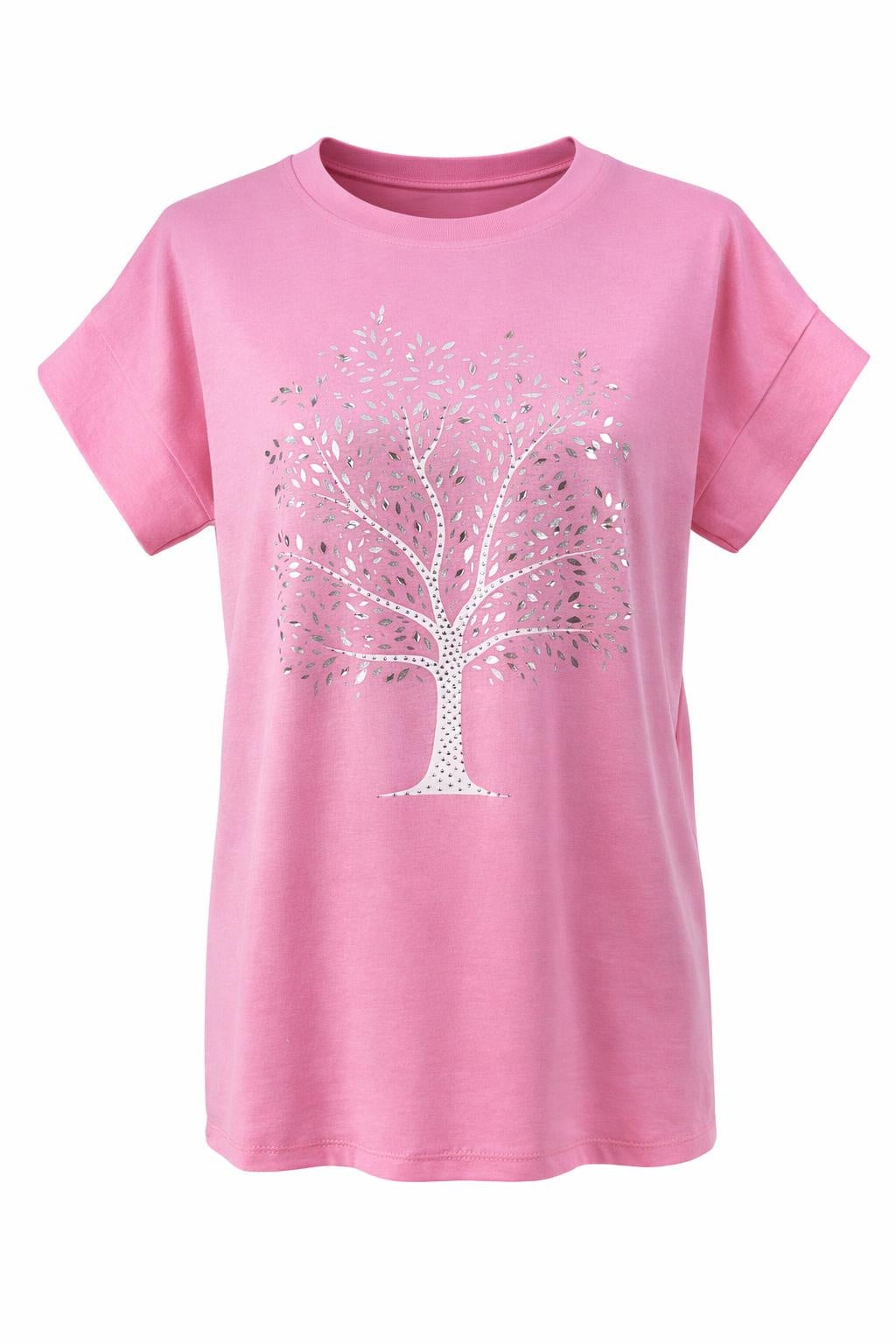 T-Shirt mit Baum-Motiv & Glitzersteinen pink, Gr. 36-42