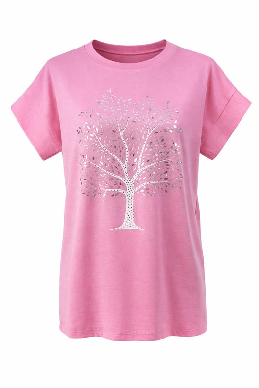 T-Shirt mit Baum-Motiv & Glitzersteinen pink, Gr. 36-42