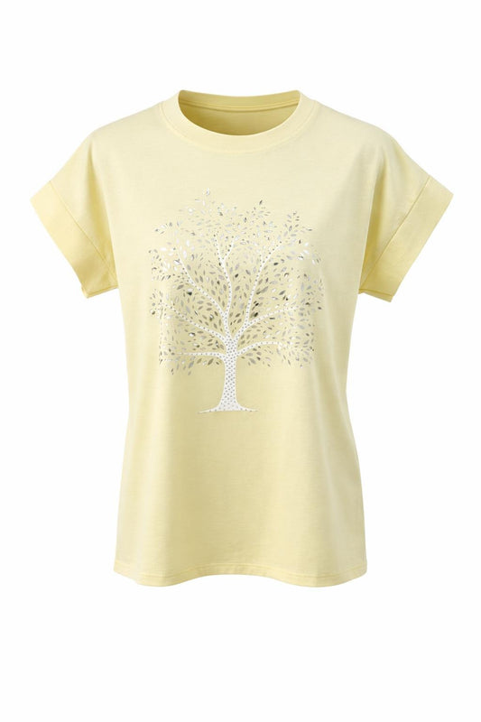 T-Shirt mit Baum-Motiv & Glitzersteinen gelb, Gr. 36-42