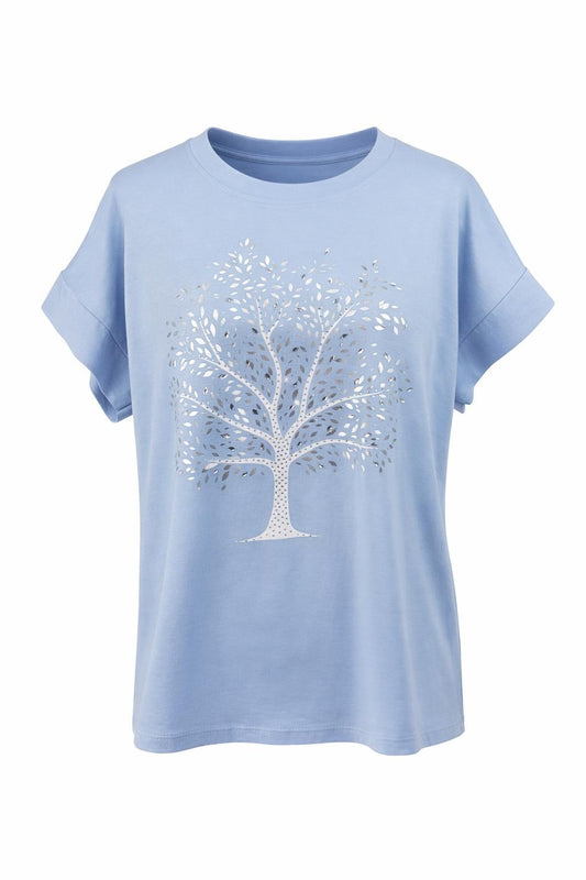 T-Shirt mit Baum-Motiv & Glitzersteinen blau, Gr. 36-42