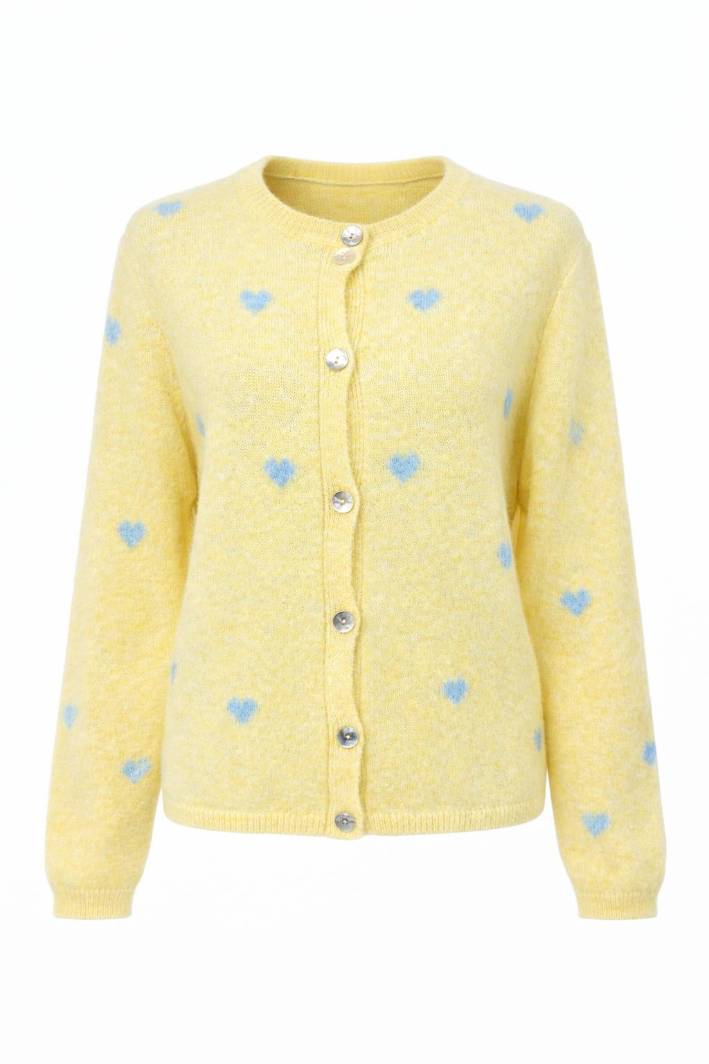 Strick-Cardigan mit Herzmuster gelb/hellblau, Gr. 36-42