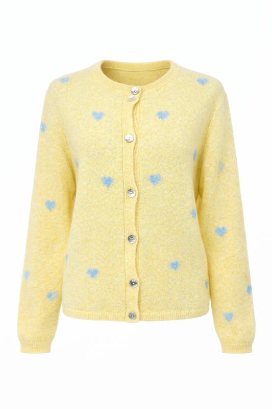 Strick-Cardigan mit Herzmuster gelb/hellblau, Gr. 36-42