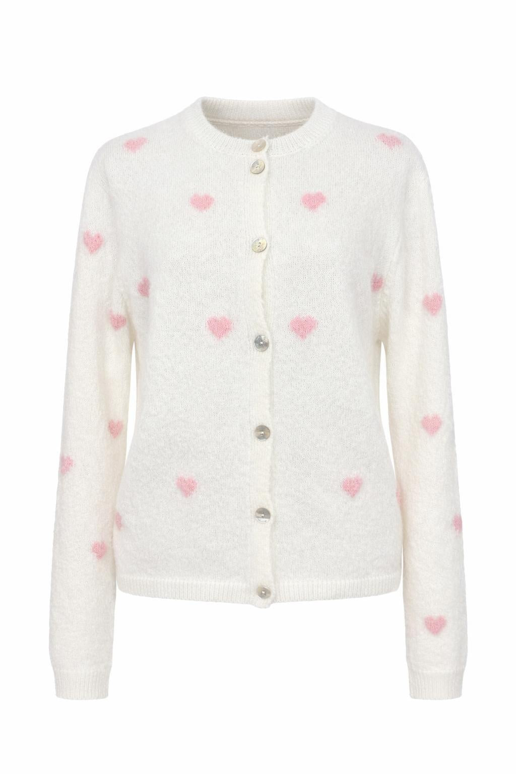 Strick-Cardigan mit Herzmuster weiß/rosa, Gr. 36-42