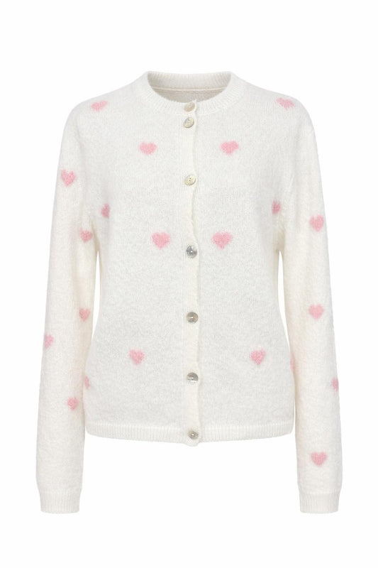 Strick-Cardigan mit Herzmuster weiß/rosa, Gr. 36-42