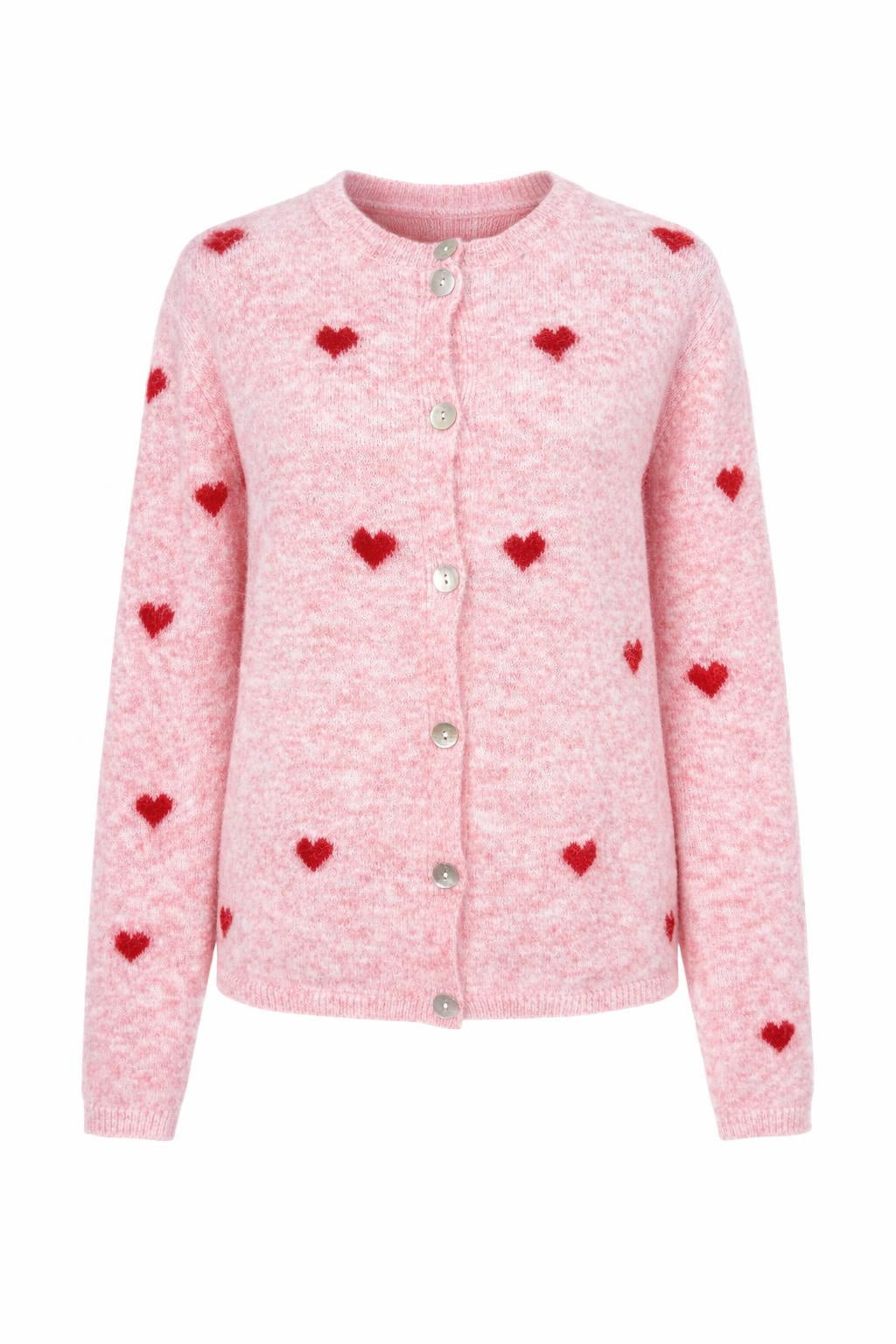 Strick-Cardigan mit Herzmuster rosa/rot, Gr. 36-42