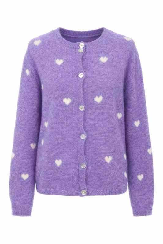 Strick-Cardigan mit Herzmuster Flieder/weiß, Gr. 36-42