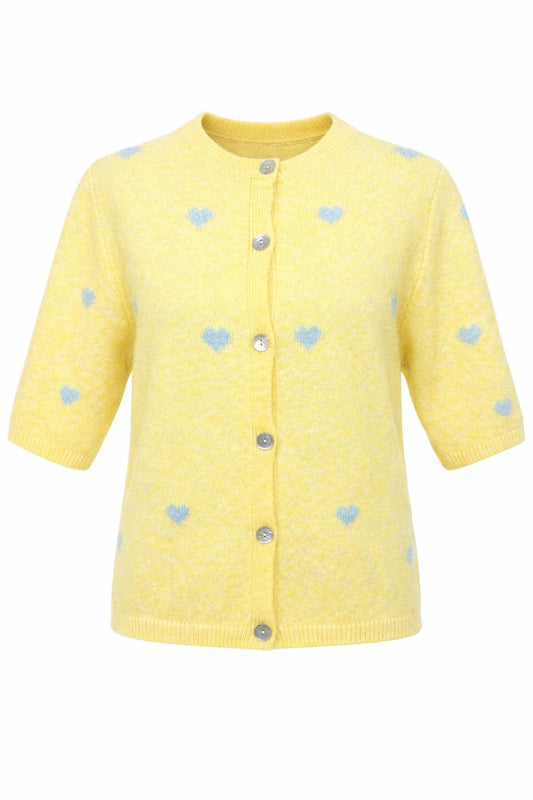 Kurzarm Strick-Cardigan mit Herzmuster gelb/hellblau, Gr. 36-42