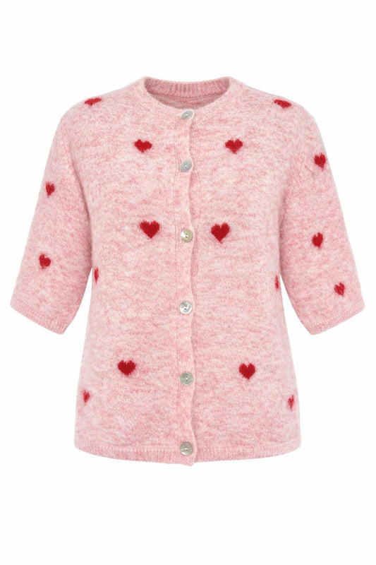 Kurzarm Strick-Cardigan mit Herzmuster rosa/rot Gr. 36-42