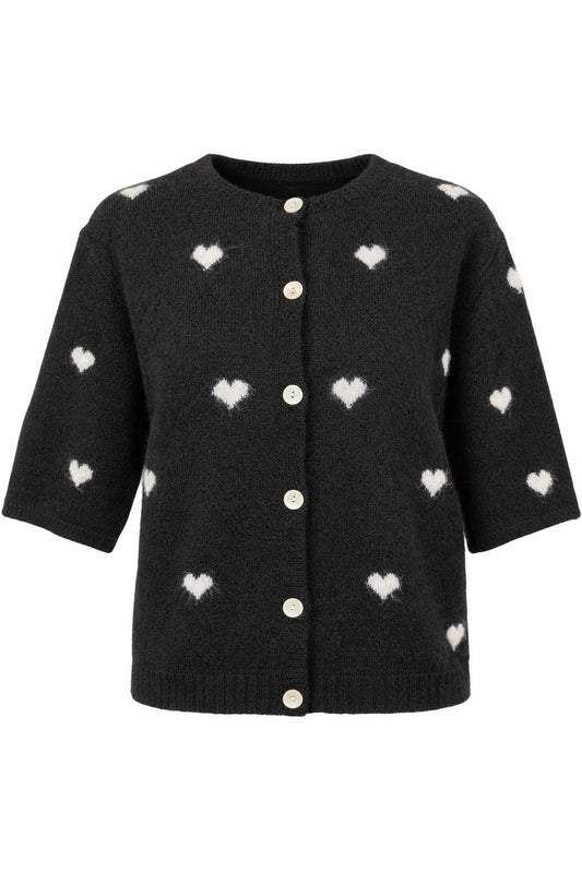 Kurzarm Strick-Cardigan mit Herzmuster schwarz/weiß, Gr. 36-42