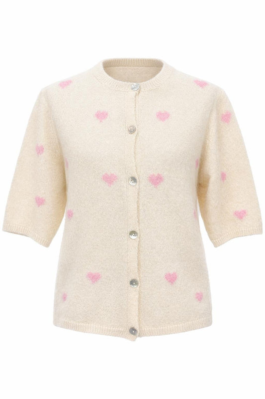 Kurzarm Strick-Cardigan mit Herzmuster beige/rosa, Gr. 36-42