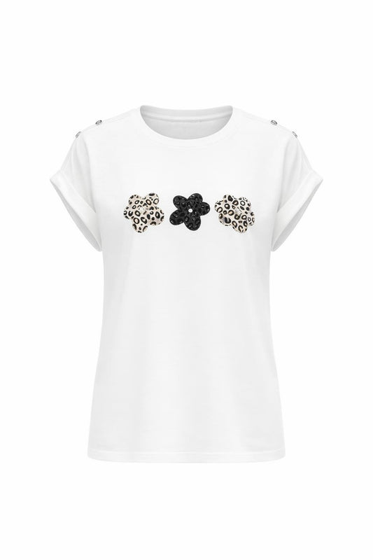 T-Shirt mit Leo-Blumen Applikation weiß, Gr. 36-42