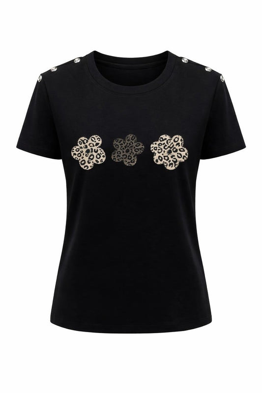 T-Shirt mit Leo-Blumen Applikation schwarz, Gr. 36-42