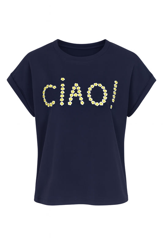 T-Shirt „Ciao“ mit Blumen-Stickerei dunkelblau, Gr. 34-40