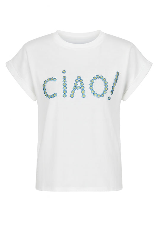 T-Shirt „Ciao“ mit Blumen-Stickerei weiß, Gr. 34-40