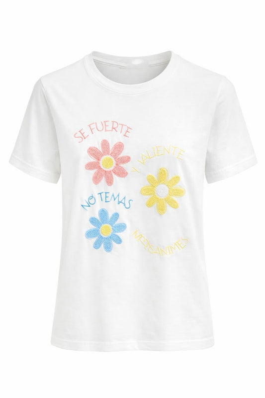 T-Shirt mit Blumen-Stickerei & Perlen weiß, Gr. 36-42