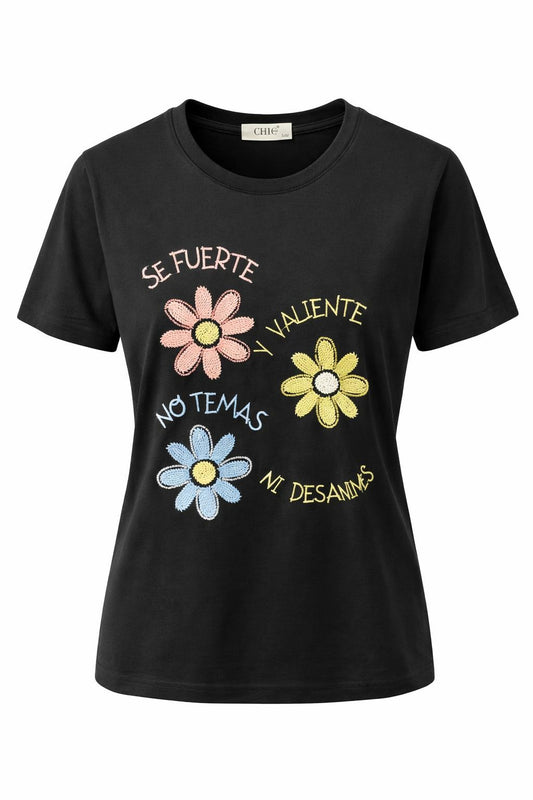 T-Shirt mit Blumen-Stickerei & Perlen schwarz, Gr. 36-42