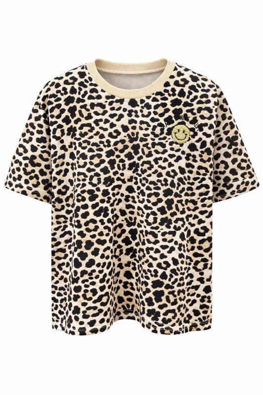 Oversized T-Shirt mit Leo Smiley Stickerei beige, Gr. 36-42