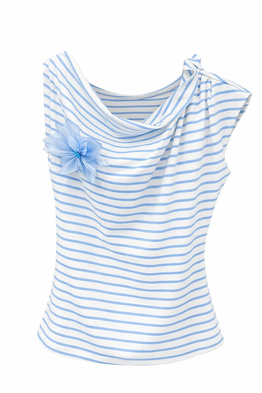 Blumen-Streifen-Shirt mit 3D-Blüte weiß/hellblau, Gr. 34-38