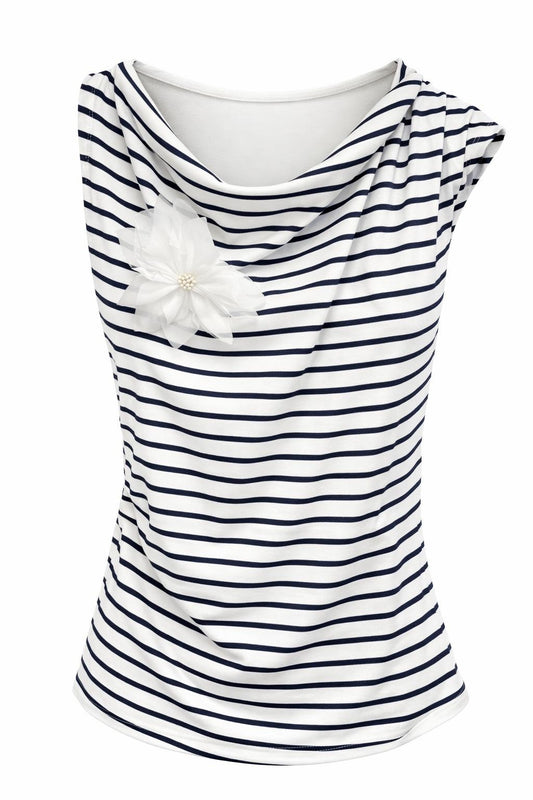 Blumen-Streifen-Shirt mit 3D-Blüte weiß/dunkelblau, Gr. 34-38