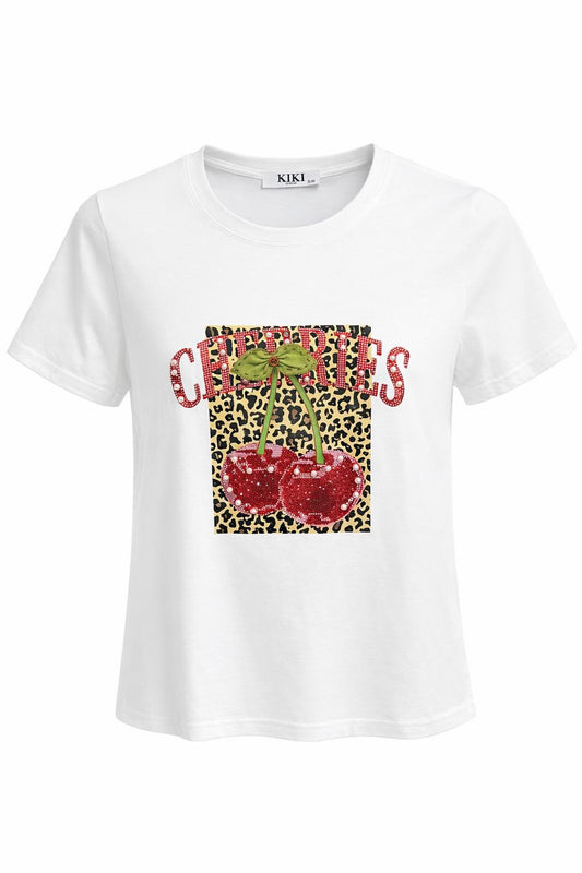 T-Shirt „Cherry Leo“ mit Glitzer und Perlen weiß, Gr. 36-40