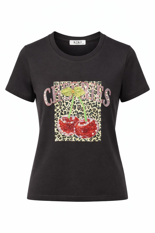 T-Shirt „Cherry Leo“ mit Glitzer und Perlen schwarz, Gr. 36-40
