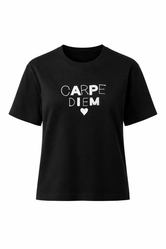 T-Shirt Carpe Diem bestickt schwarz/weiß, Gr. 36-42