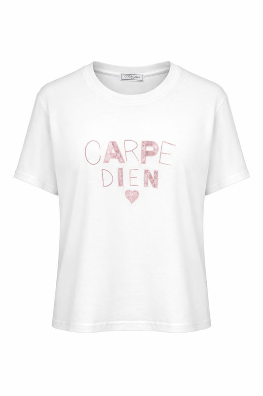 T-Shirt Carpe Diem bestickt weiß/rosa, Gr. 36-42