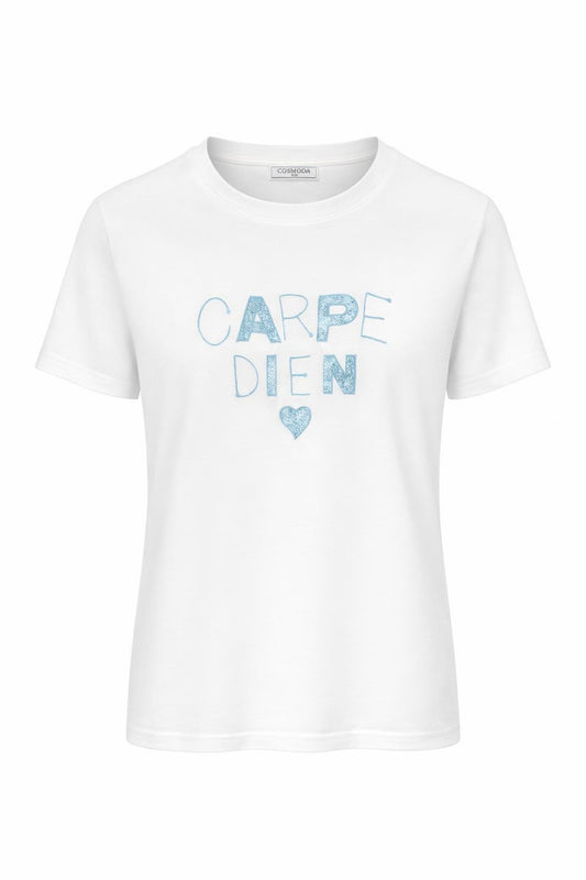 T-Shirt Carpe Diem bestickt weiß/blau, Gr. 36-42