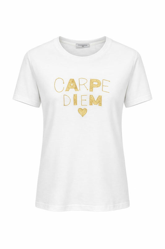 T-Shirt Carpe Diem bestickt weiß/gold, Gr. 36-42